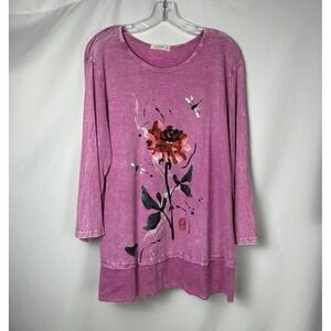 Jess & Jane Floral Tunic Top Mineral Wash Asian Ink Dragonfly Boho Women's 1X